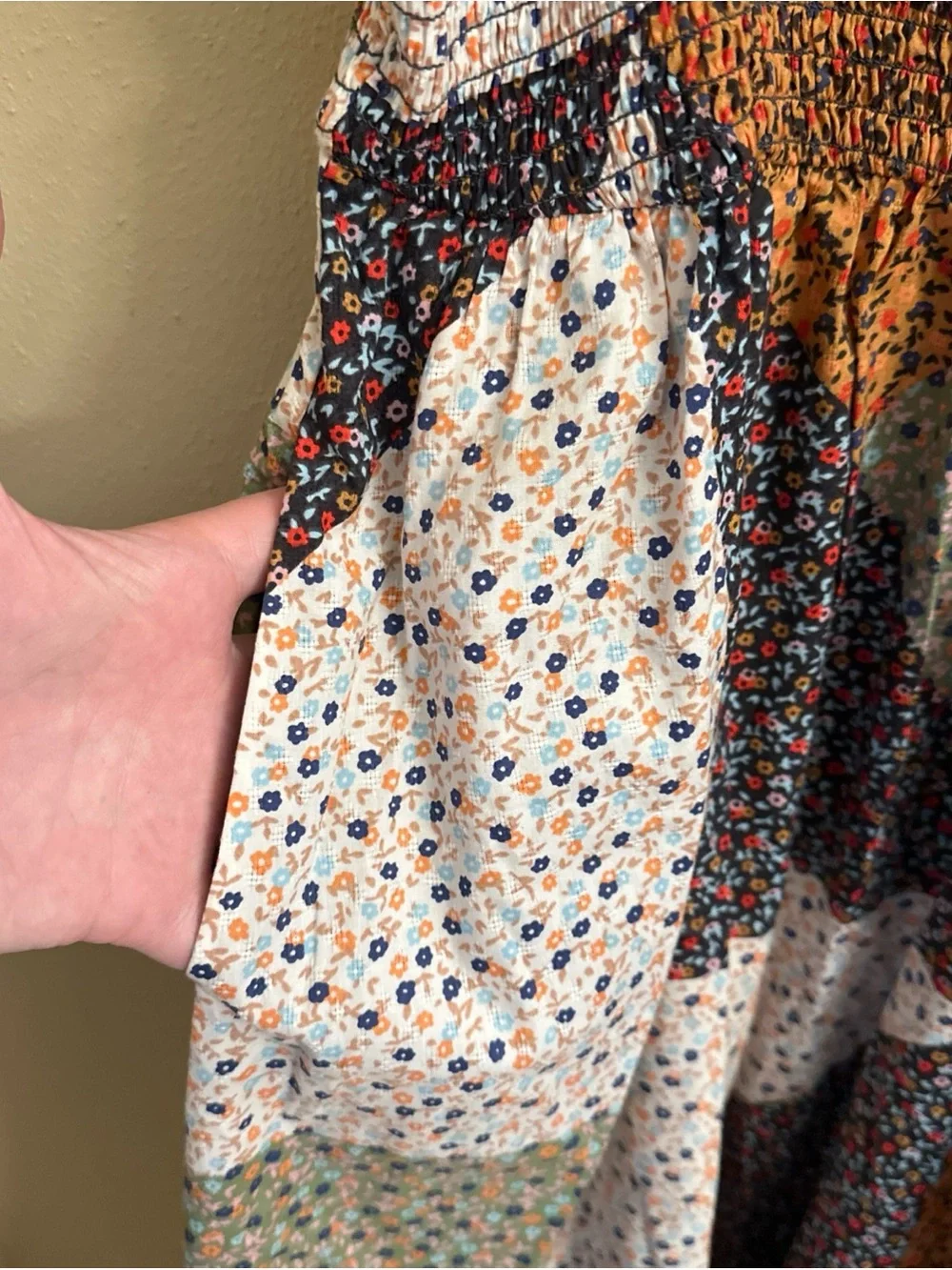 Patchwork Midi Dress Smocked Bodice Grannycore Boho Farmhouse Size Small